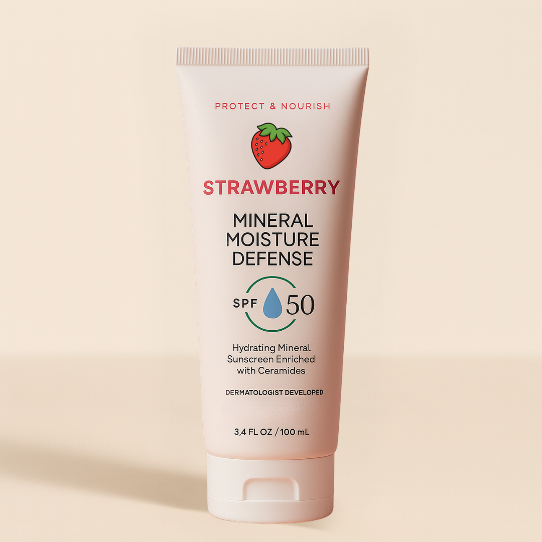 Mineral Moisture Defense Sunscreen SPF 50 in a pink tube with strawberry design, hydrating and enriched with ceramides.