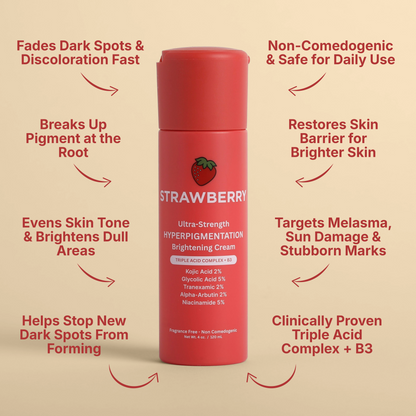 Advanced Triple-Acid Complex for Hyperpigmentation in a strawberry-colored bottle, targets dark spots and uneven skin tone.