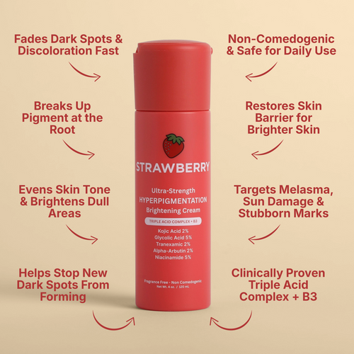 Advanced Triple-Acid Complex for Hyperpigmentation in a strawberry-colored bottle, targets dark spots and uneven skin tone.